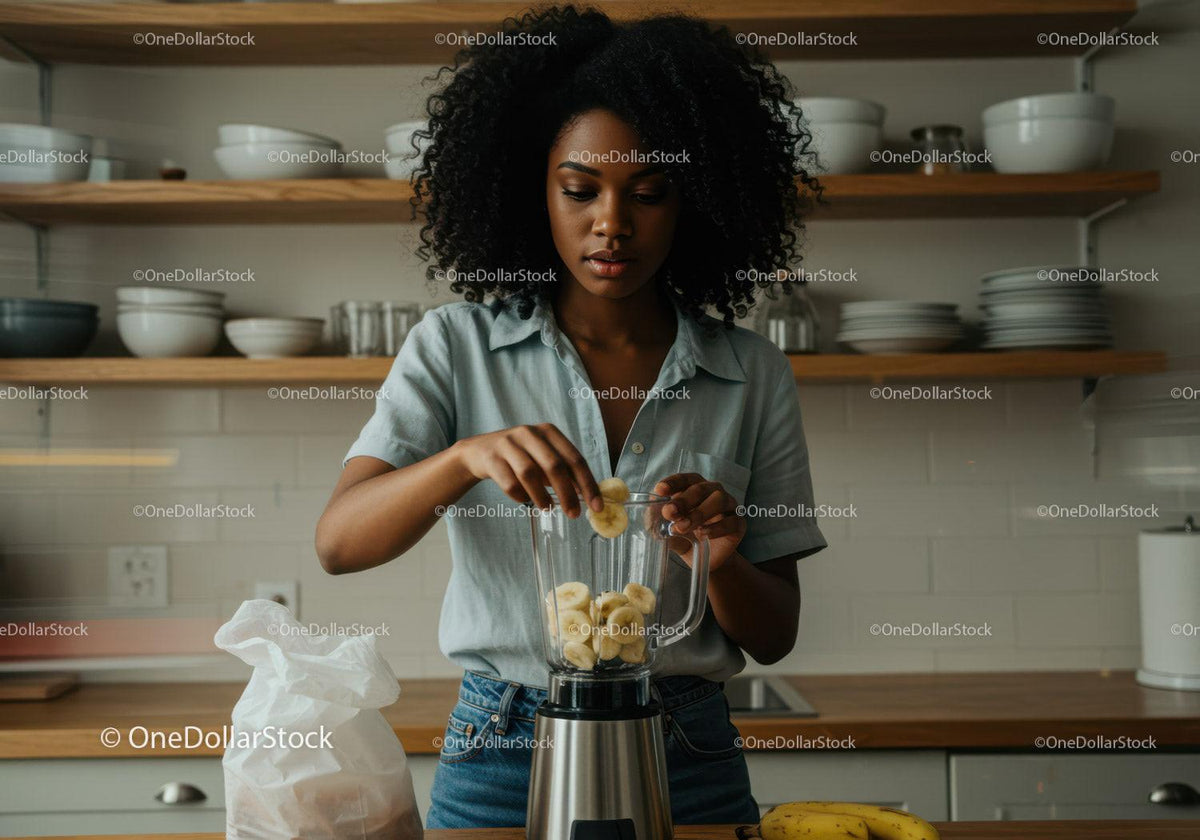 Black woman preparing healthy banana smoothie in modern kitchen