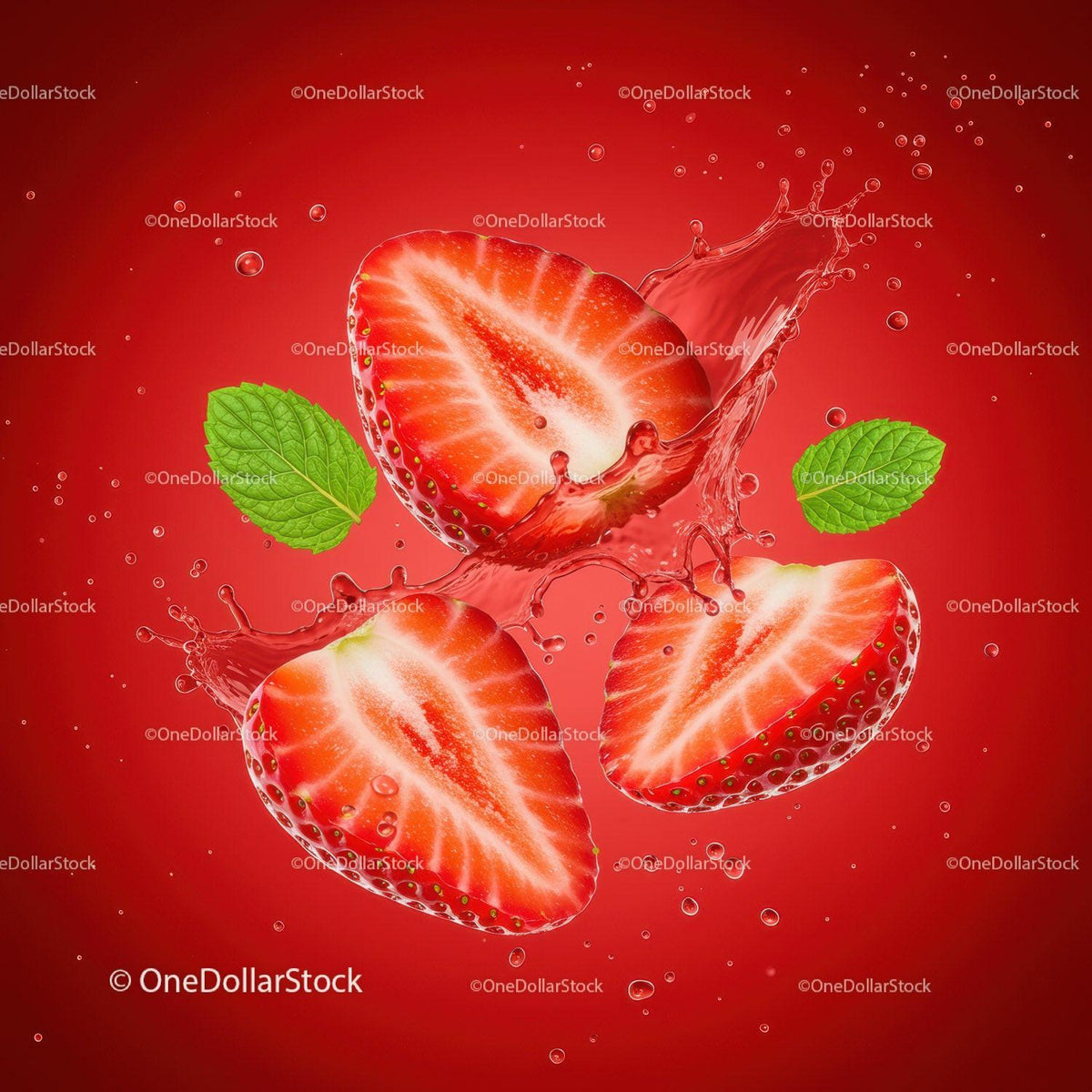 Fresh strawberry slices splashing in water with mint
