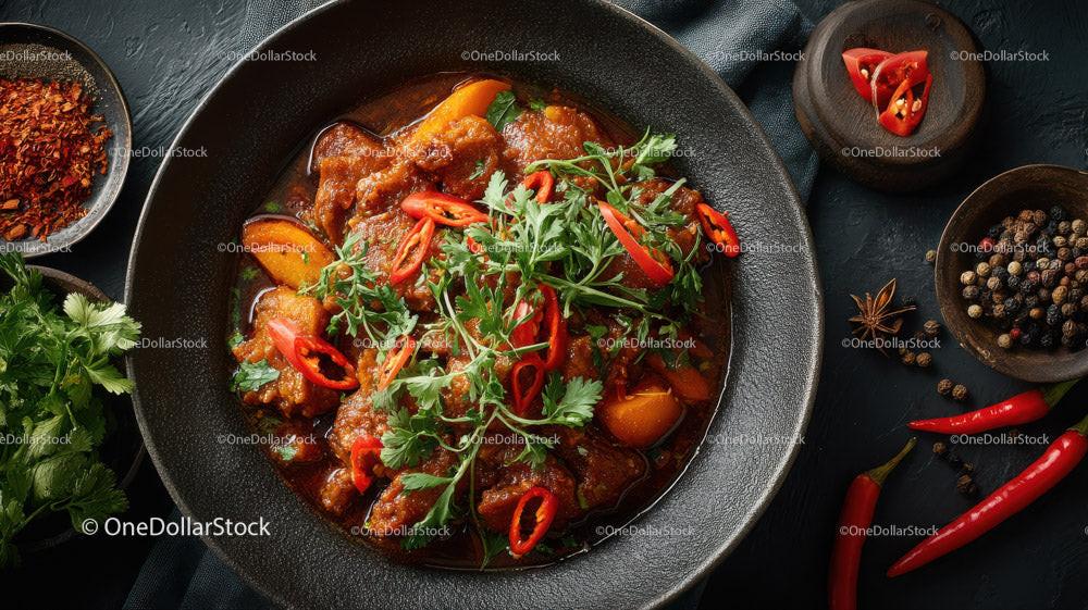 stock photo bundle made with Spicy Asian Beef Stew with Rice and Fresh Herbs in a Black Stone Bowl Stock Photo Bundle