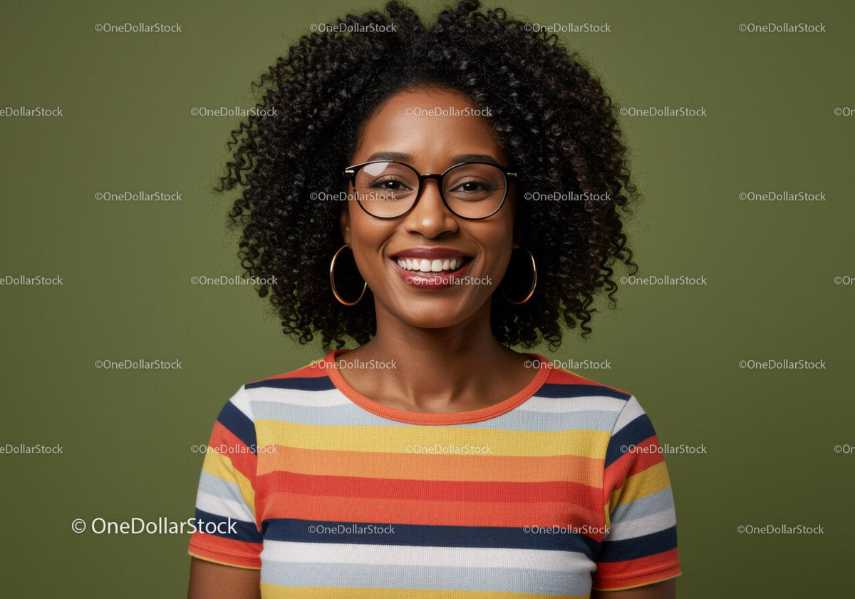 Joyful Woman with Curly Hair Wearing Colorful Striped Shirt and Glasses