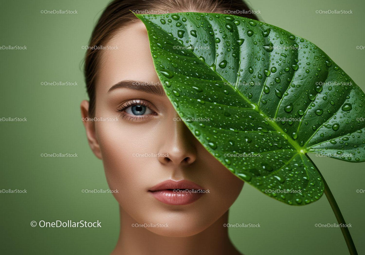 Close-up of a Woman with Beautiful Blue Eyes and Tropical Leaf