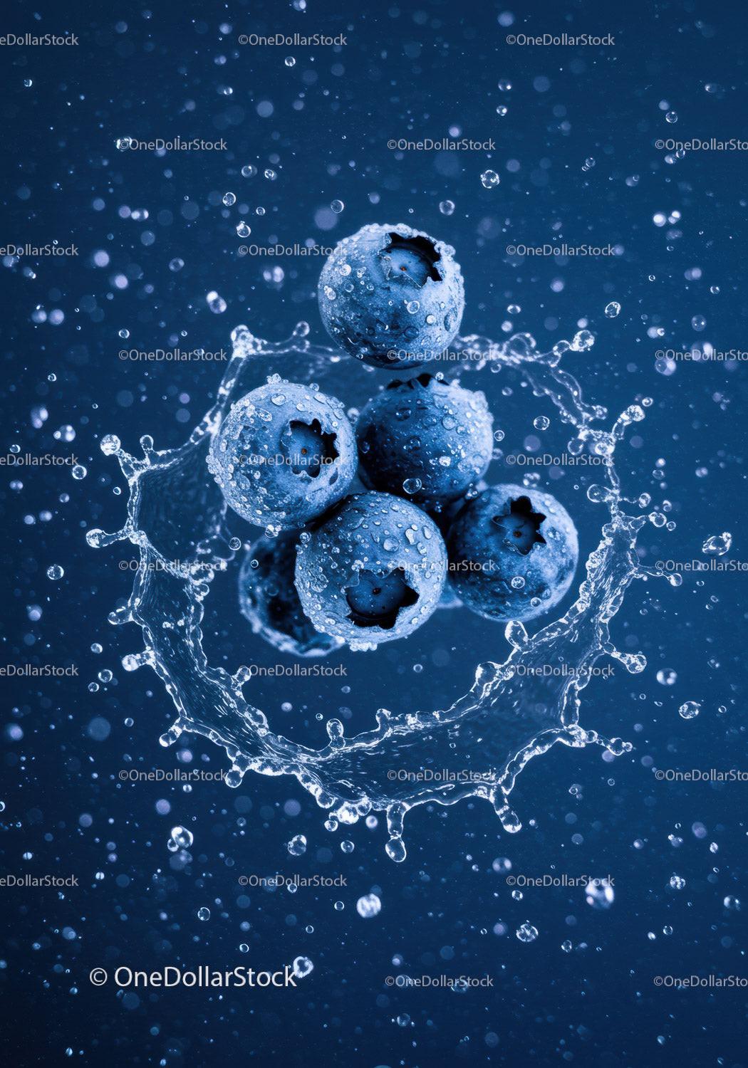 Fresh blueberries splashing in clear water droplets