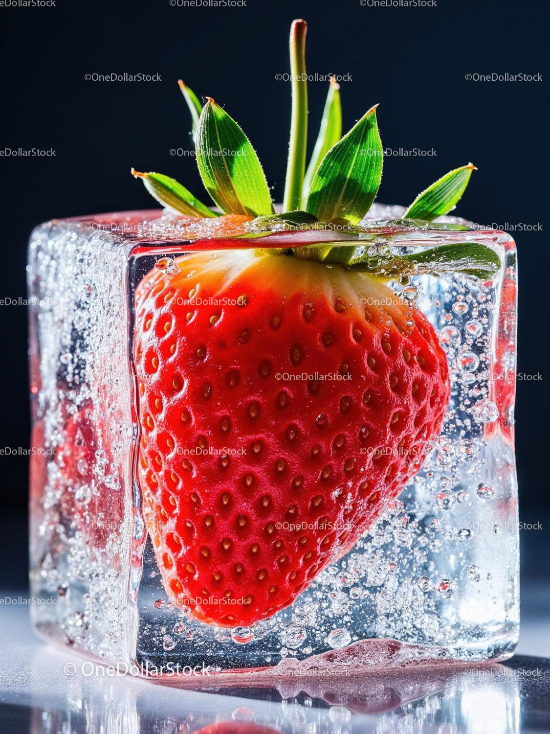 Fresh strawberry frozen inside clear ice cube