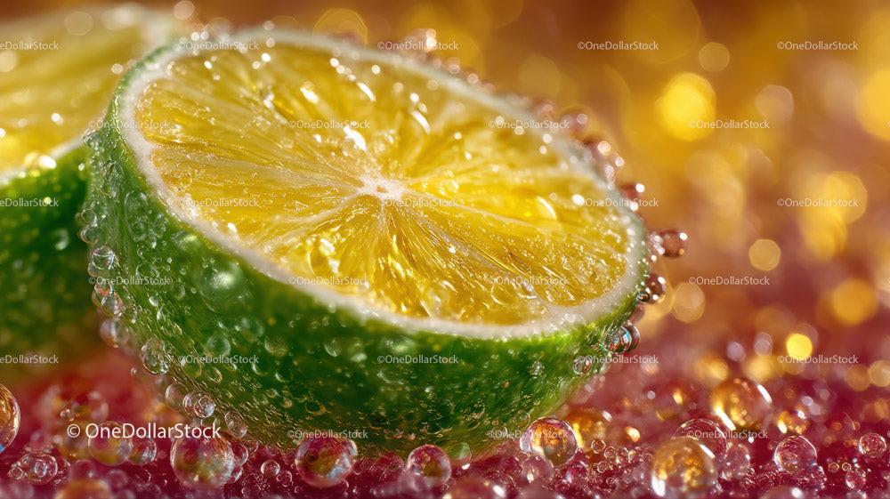 Close-up of Juicy Lime Slice with Bubbles and Vibrant Background