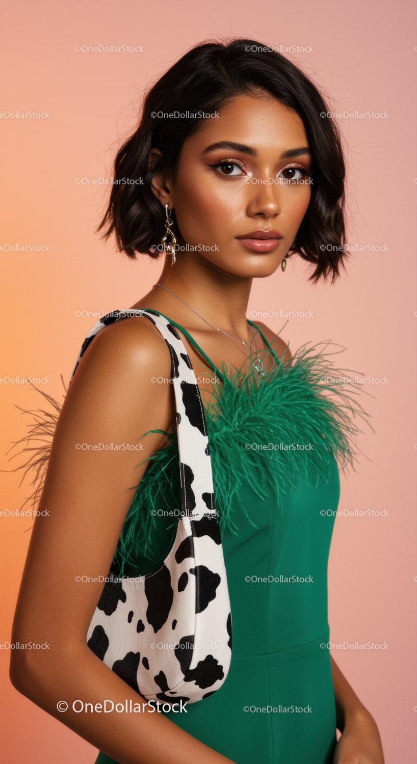 Stylish Woman in Green Dress with Feather Details and Cow Print Bag