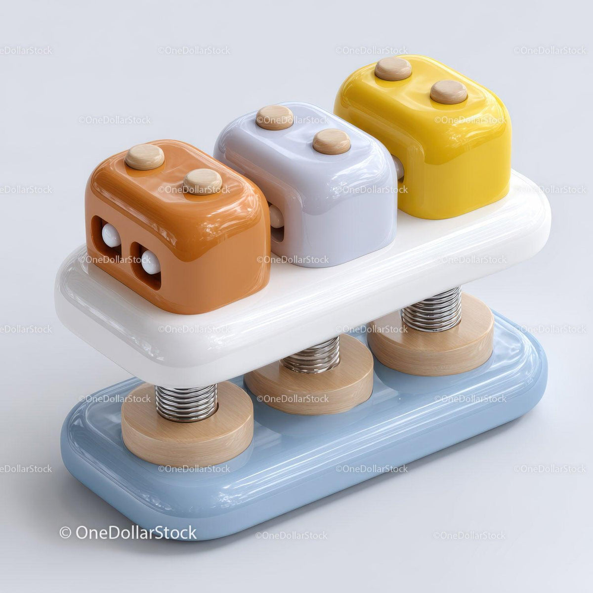 Wooden spring balance toy with orange, white, and yellow blocks on metal springs and blue base