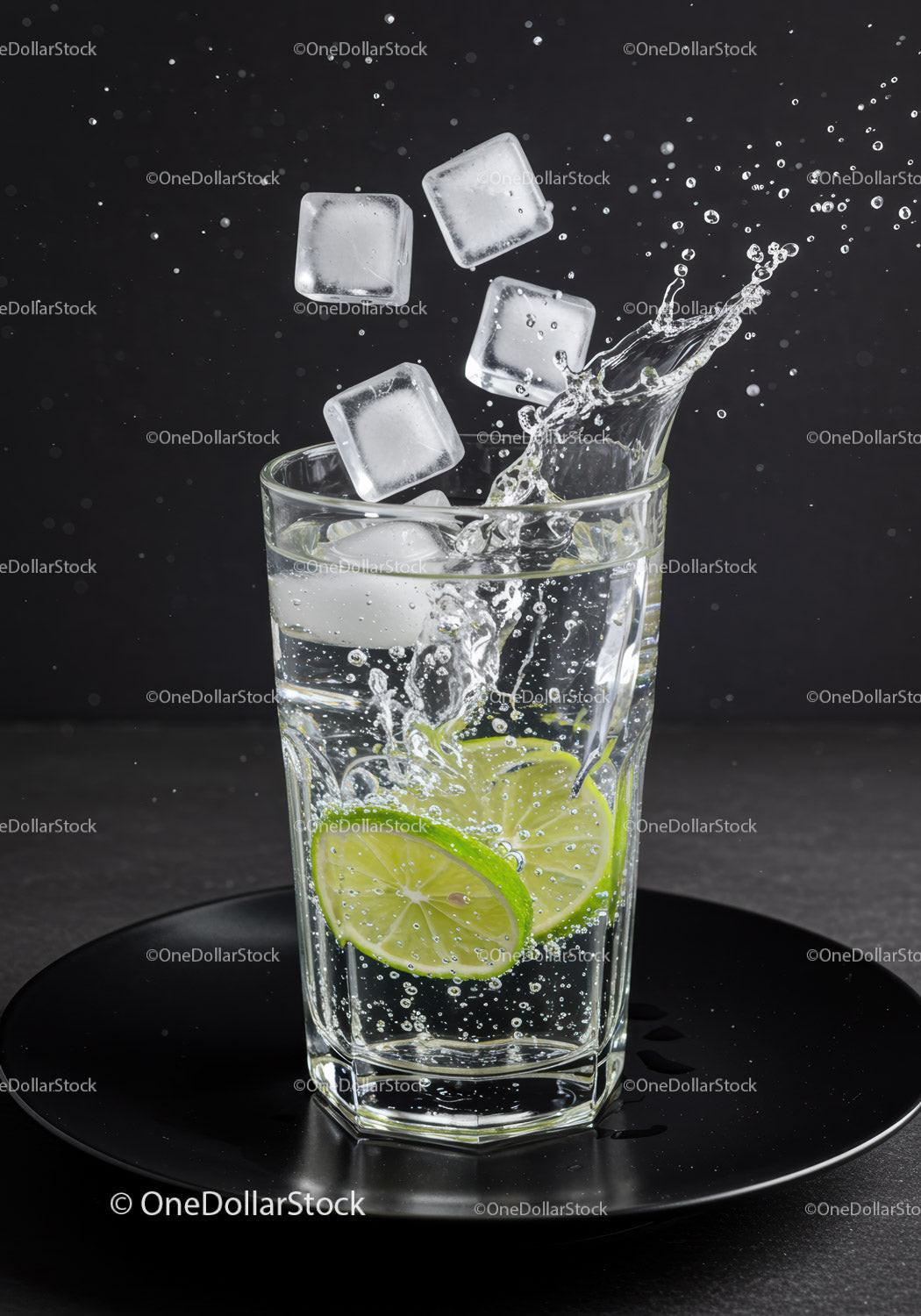 Refreshing Lime Slices and Ice Cubes Splash in Glass