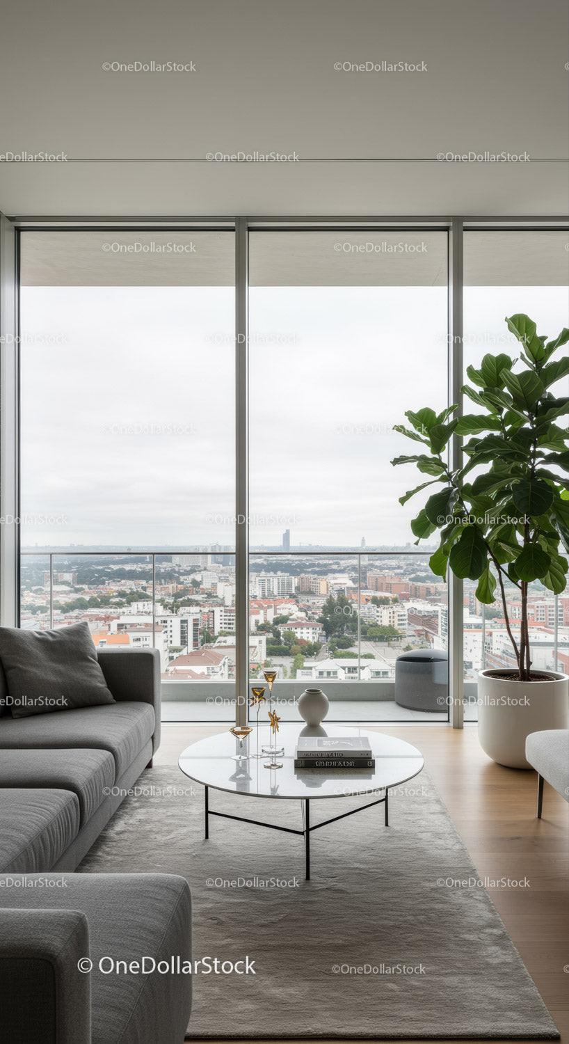 Bright Modern Living Room with Fiddle Leaf Fig and City View