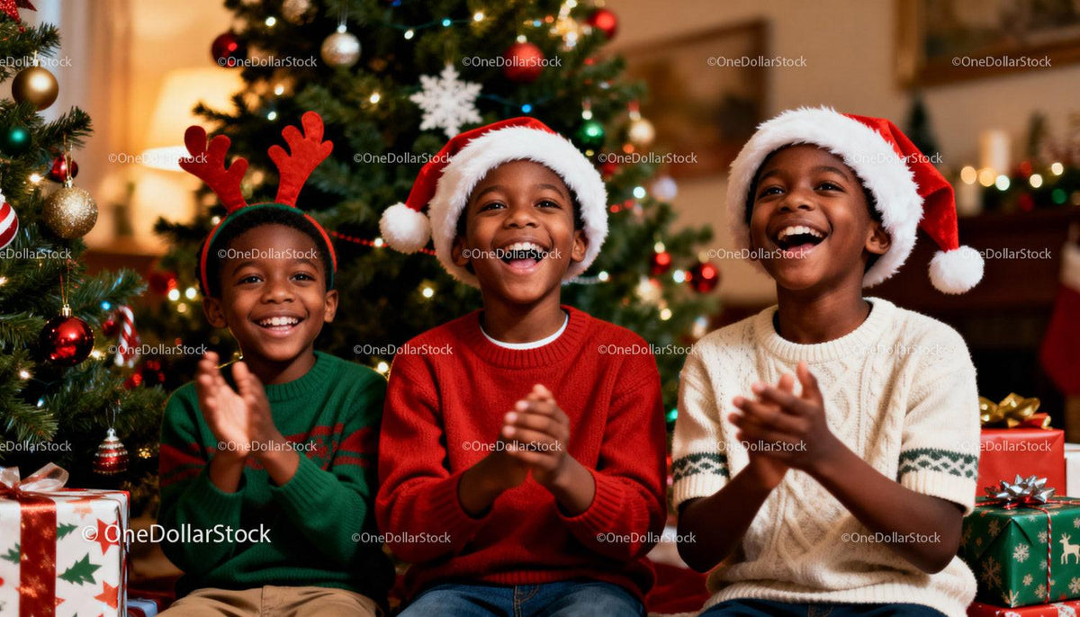 Joyful kids clapping near Christmas tree celebration