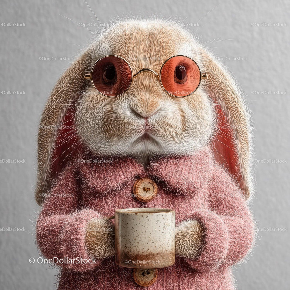 stock photo bundle made with Cute Bunny Wearing Sunglasses and Cozy Pink Sweater Holding Coffee Mug Stock Photo Bundle