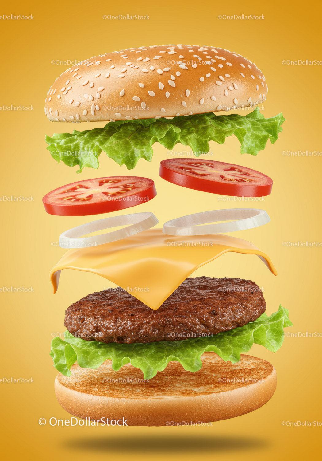 Deconstructed cheeseburger with fresh vegetables on yellow