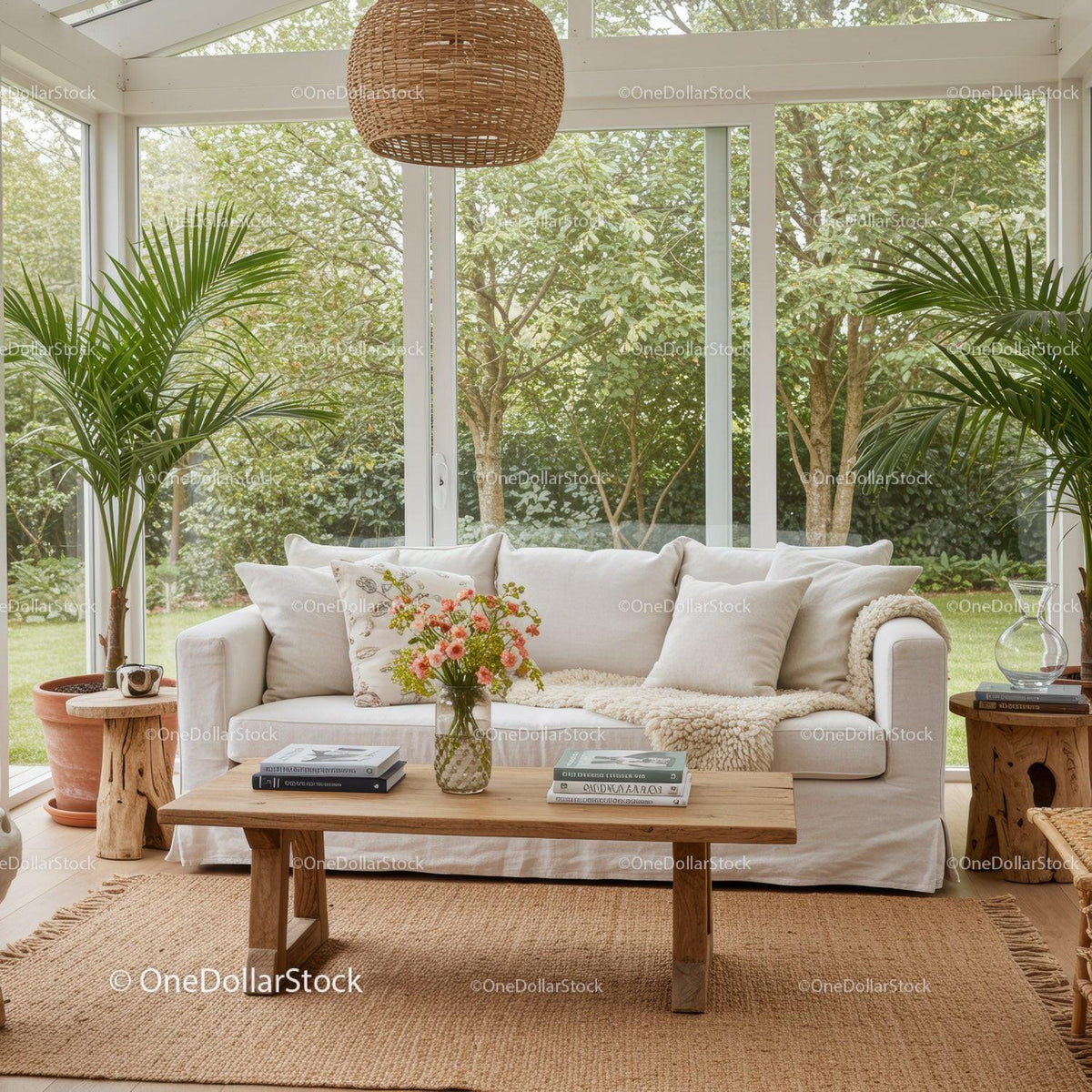 Cozy bright living room with natural wooden decor