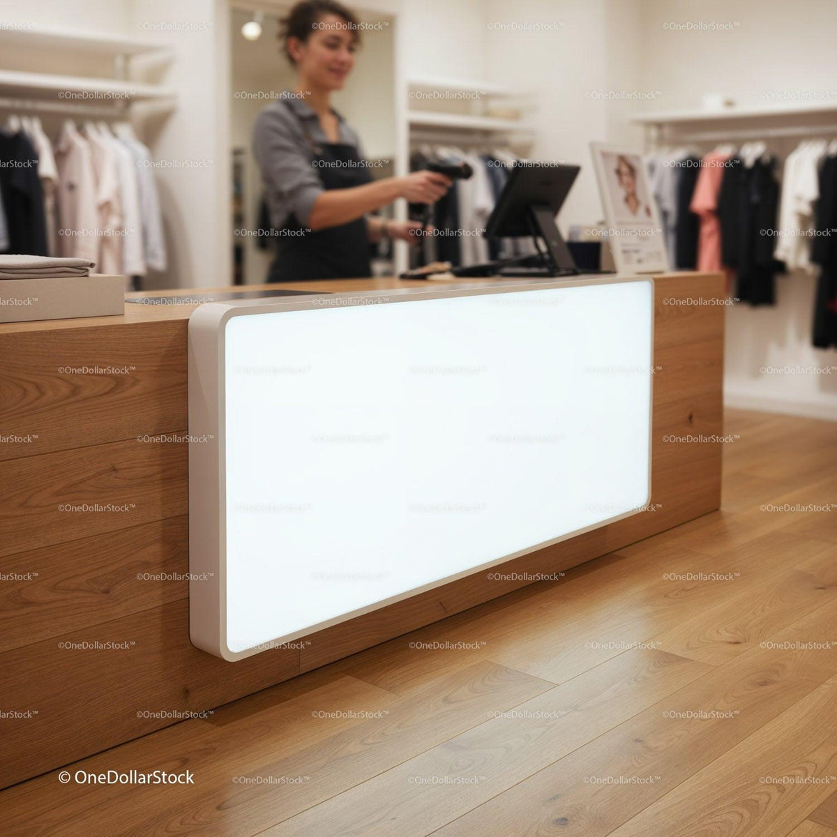 Retail cashier working at modern clothing store desk JPG Mockup Image preview