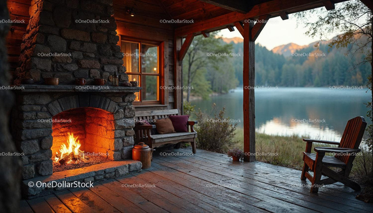 Cozy Lakeside Cabin with Fireplace Overlooking Mountain Lake at Sunset