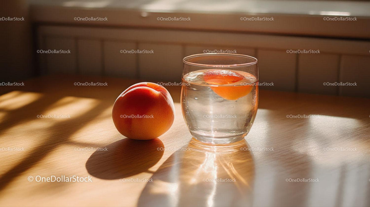 Fresh Peach in a Glass of Water with Apricot on Wooden Surface