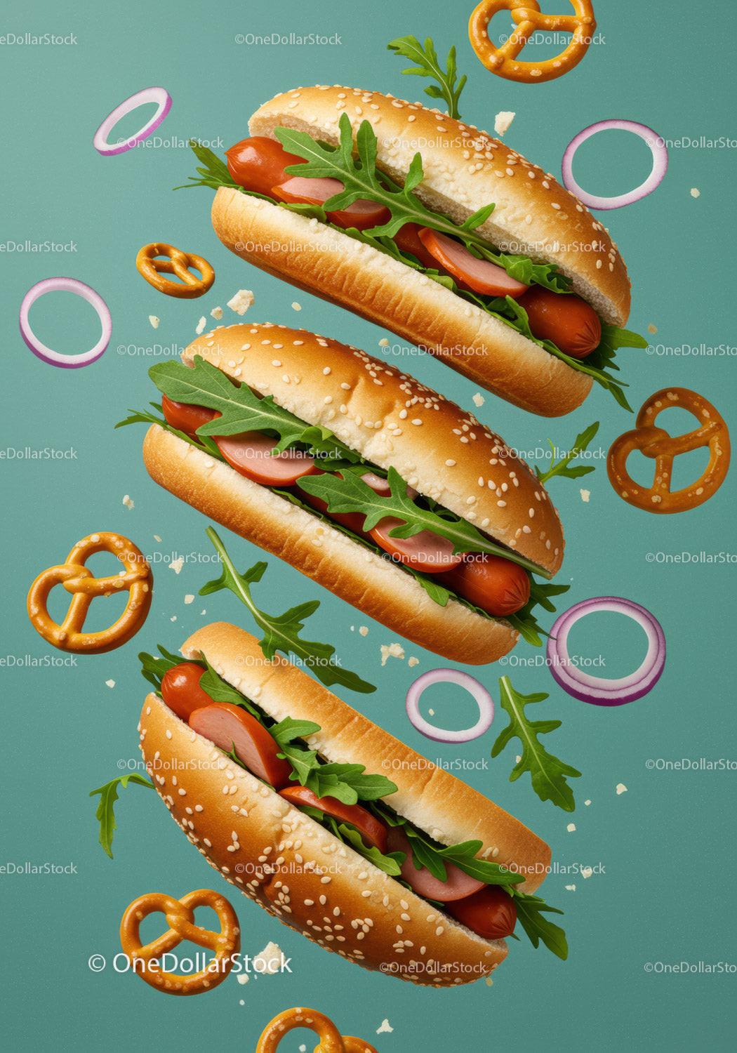 Three Fresh Hot Dogs with Arugula and Pretzels on Blue