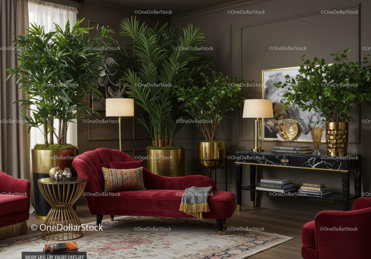 Elegant living room with red velvet chaise lounge and greenery