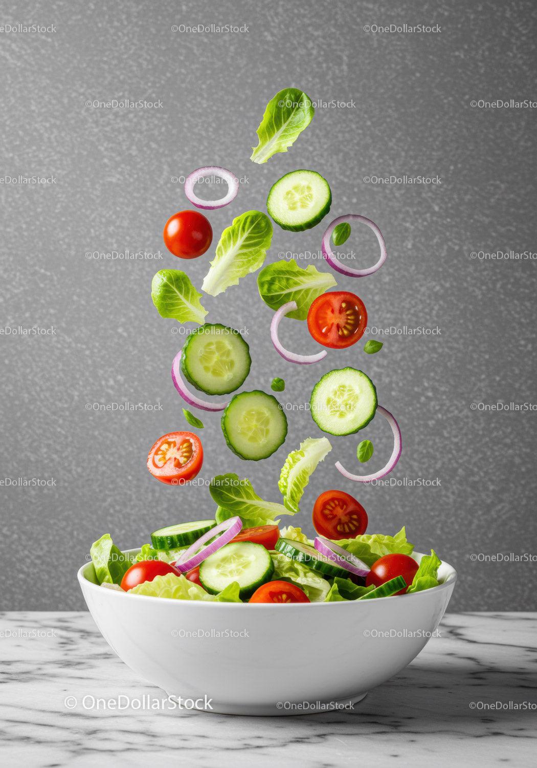 Fresh mixed vegetable salad ingredients flying into bowl