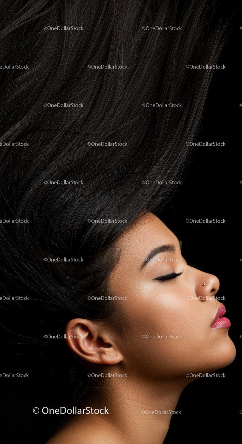 Profile of calm woman with flowing dark hair