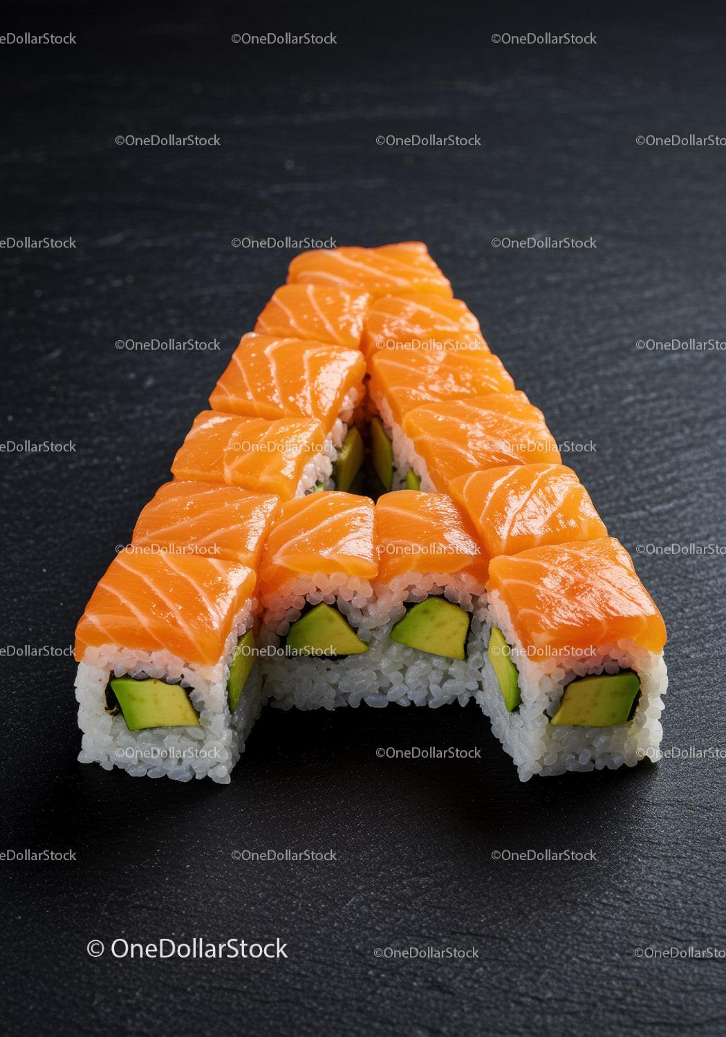 Sushi rolls shaped into letter A on dark slate