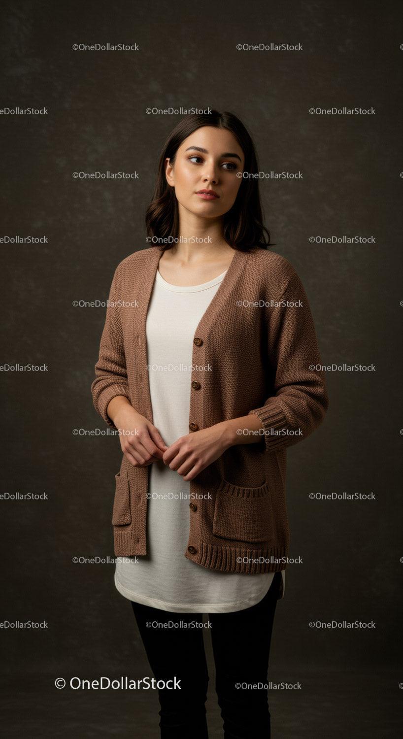 Young woman in cozy knit cardigan standing thoughtfully