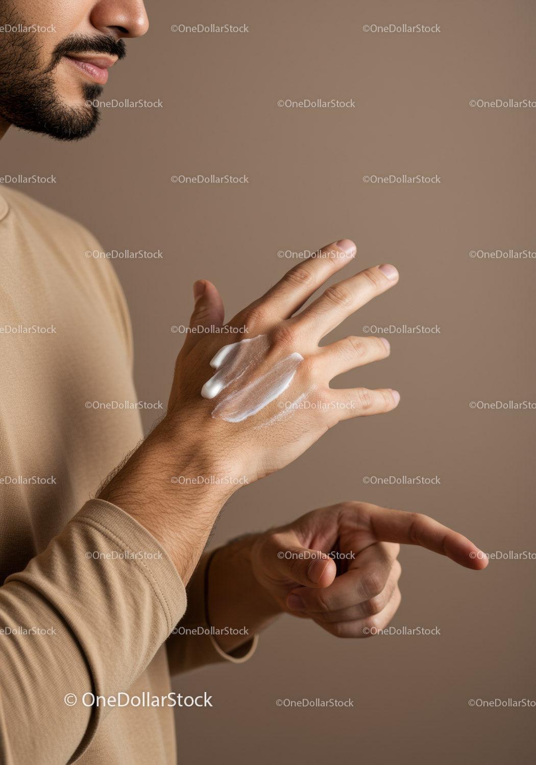 Close-Up of a Man Applying Lotion to Hands for Skin Care