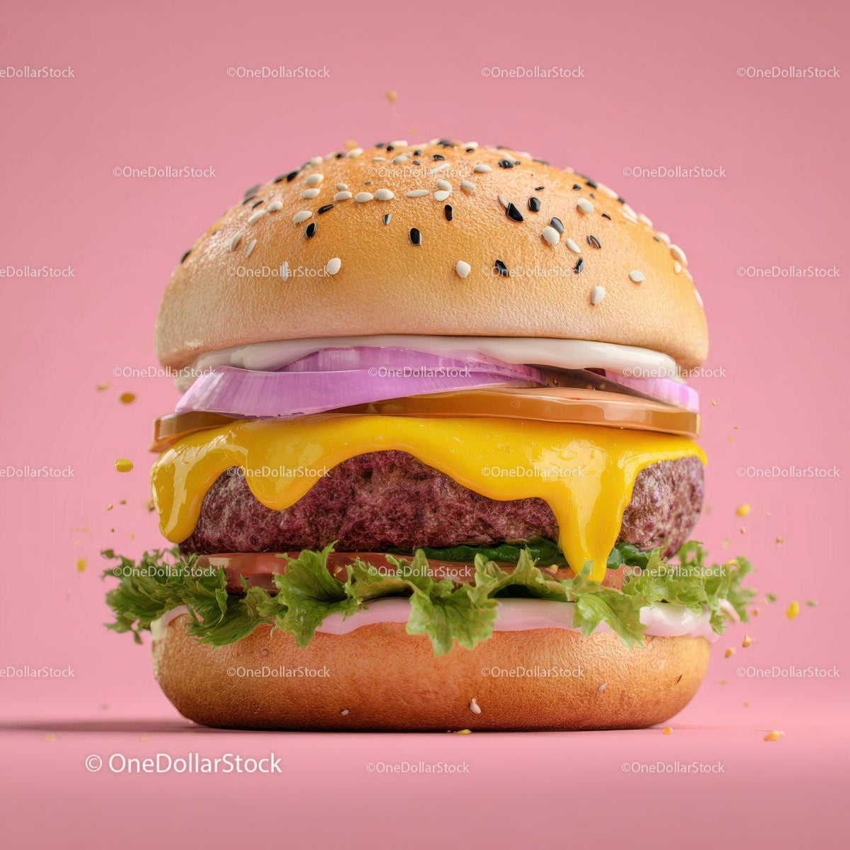 Juicy Cheeseburger with Melty Cheese and Fresh Vegetables on Pink Background Stock Photo Bundle preview 24