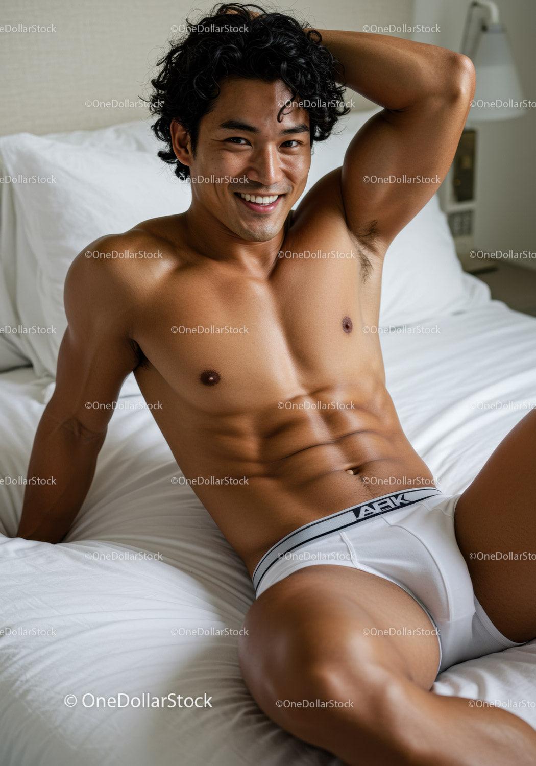 Smiling young man relaxing on bed in white underwear