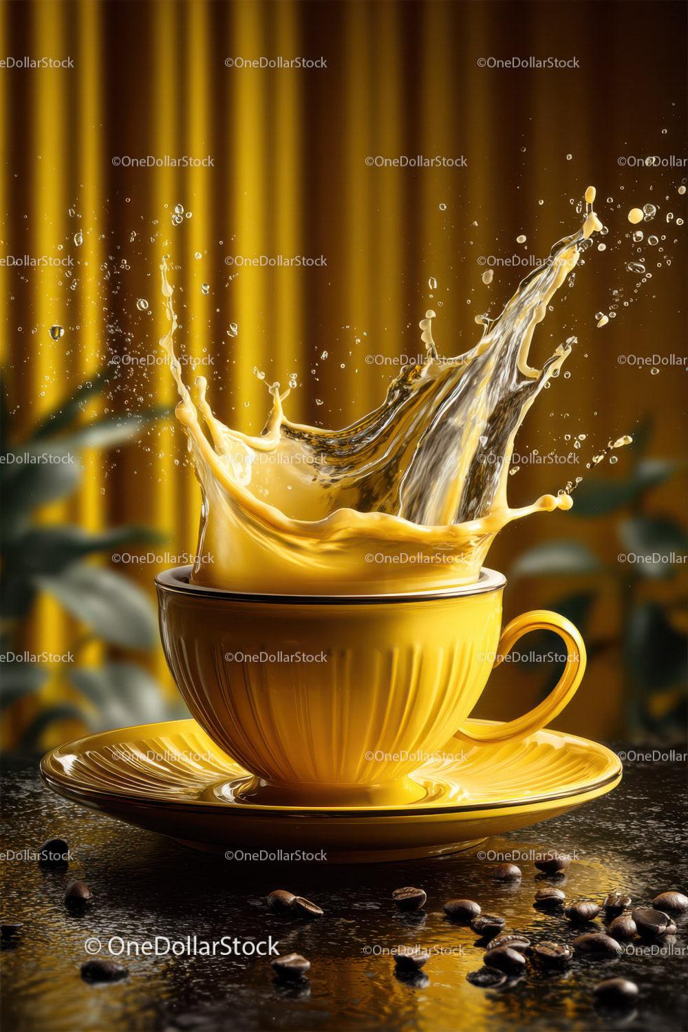 Vibrant Coffee Splash in Bright Yellow Cup with Coffee Beans