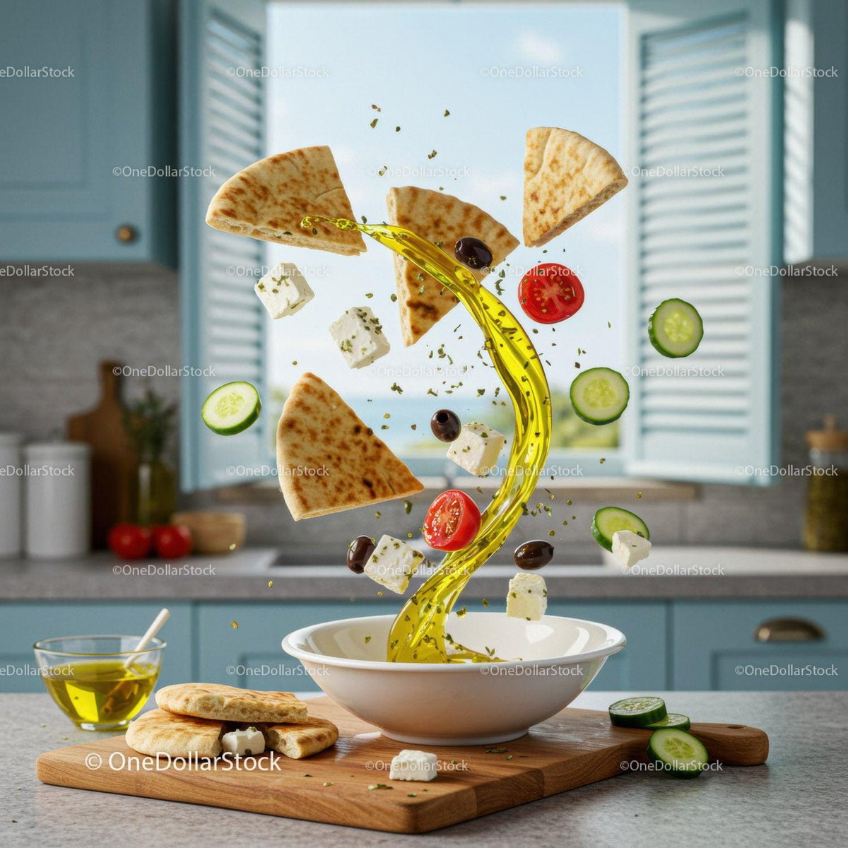 Fresh Mediterranean ingredients floating over bowl