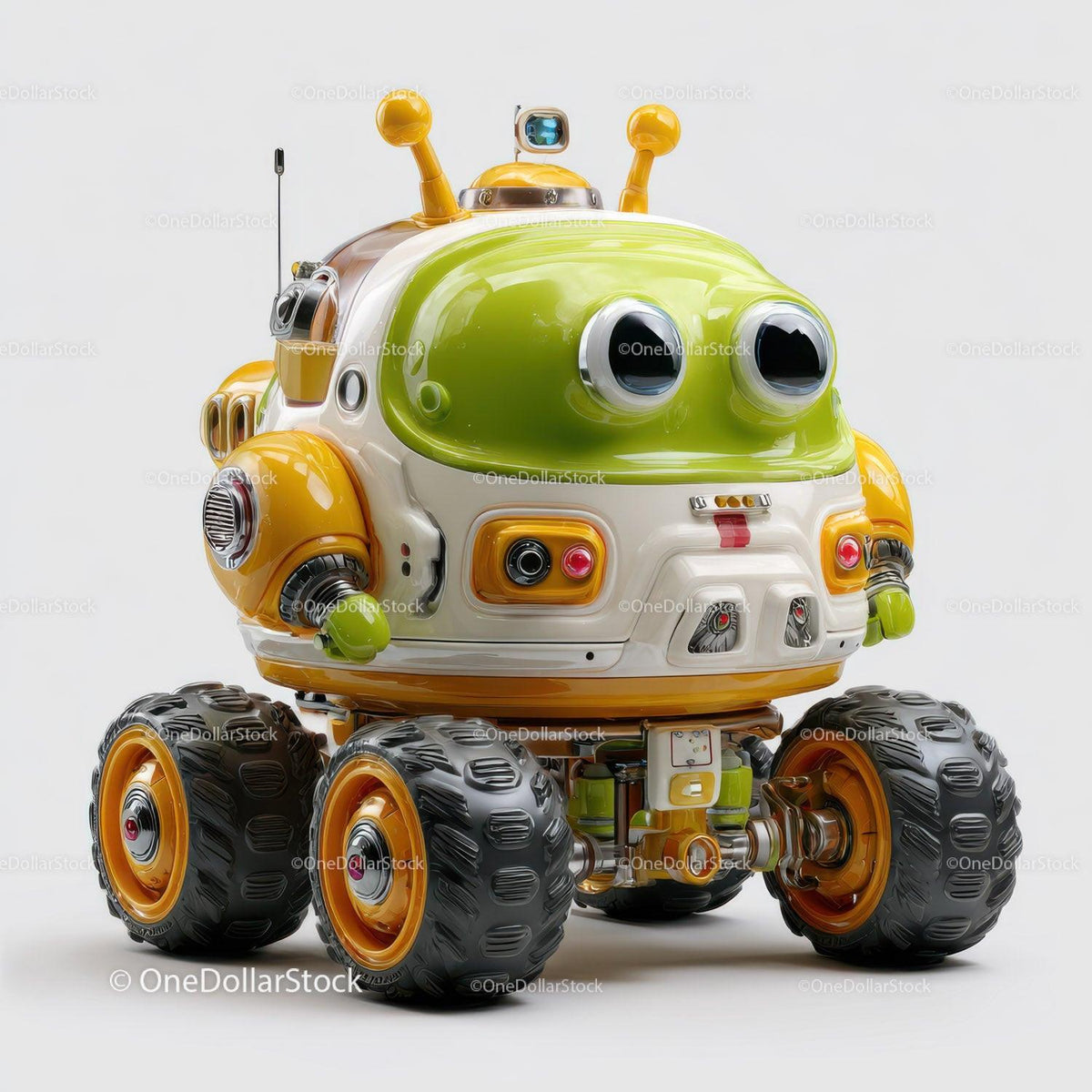 Small green and yellow robot toy with four large wheels and round eyes on white background