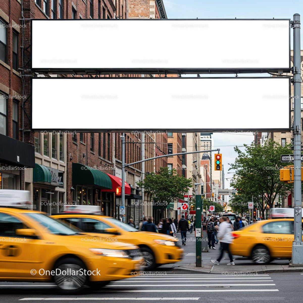 Busy urban street with yellow cabs and pedestrians crossing JPG Mockup Image preview