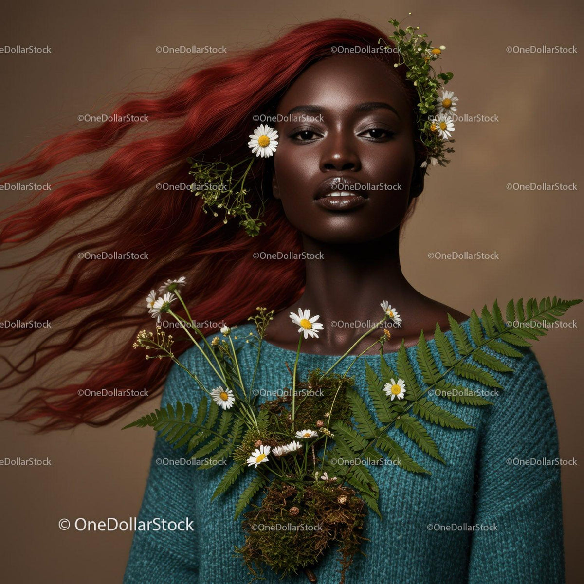 Elegant Portrait of a Woman with Flowing Red Hair and Botanical Accessories Stock Photo Bundle preview 33