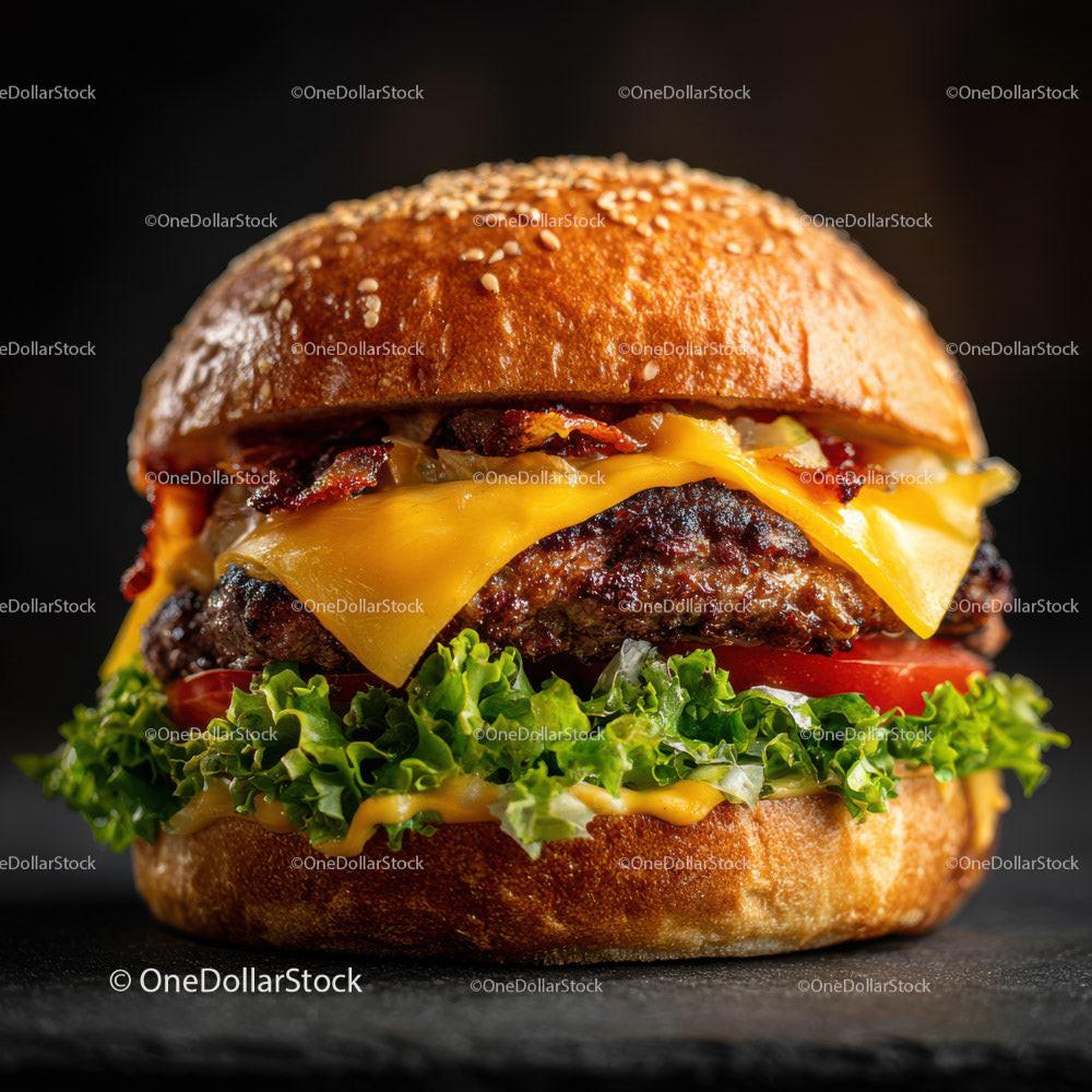 Juicy Cheeseburger with Bacon and Fresh Vegetables