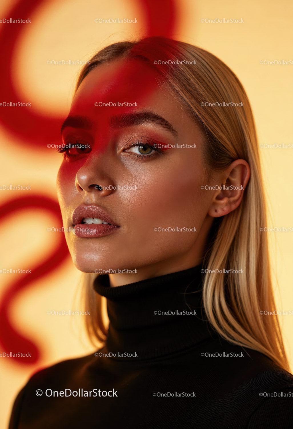 Creative Artistic Makeup Portrait with Red Face Paint and Blonde Hair Stock Photo Bundle preview 33