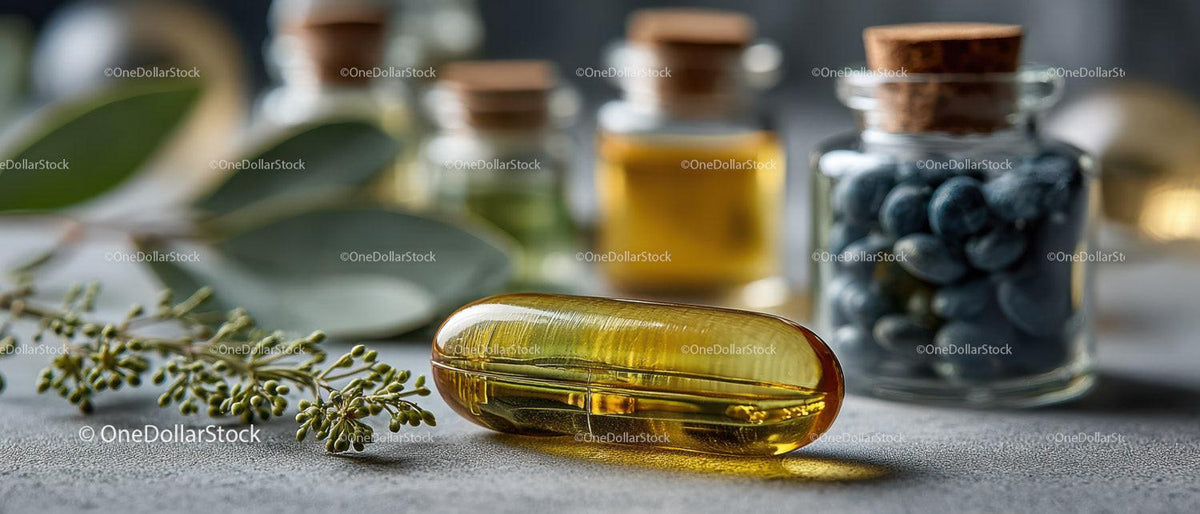 Herbal Oil Capsules with Green Leaves and Bottles for Natural Wellness