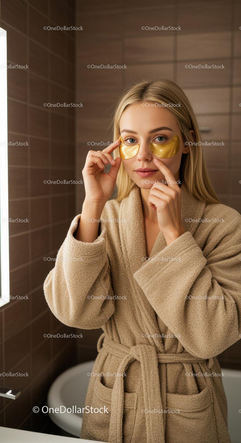 Young Woman in Spa Robe Using Under-Eye Gels for Skin Rejuvenation