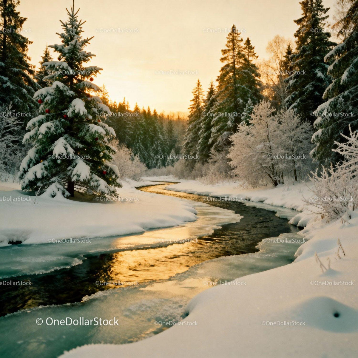 Winter Sunset Over Snowy Forest and River Stream