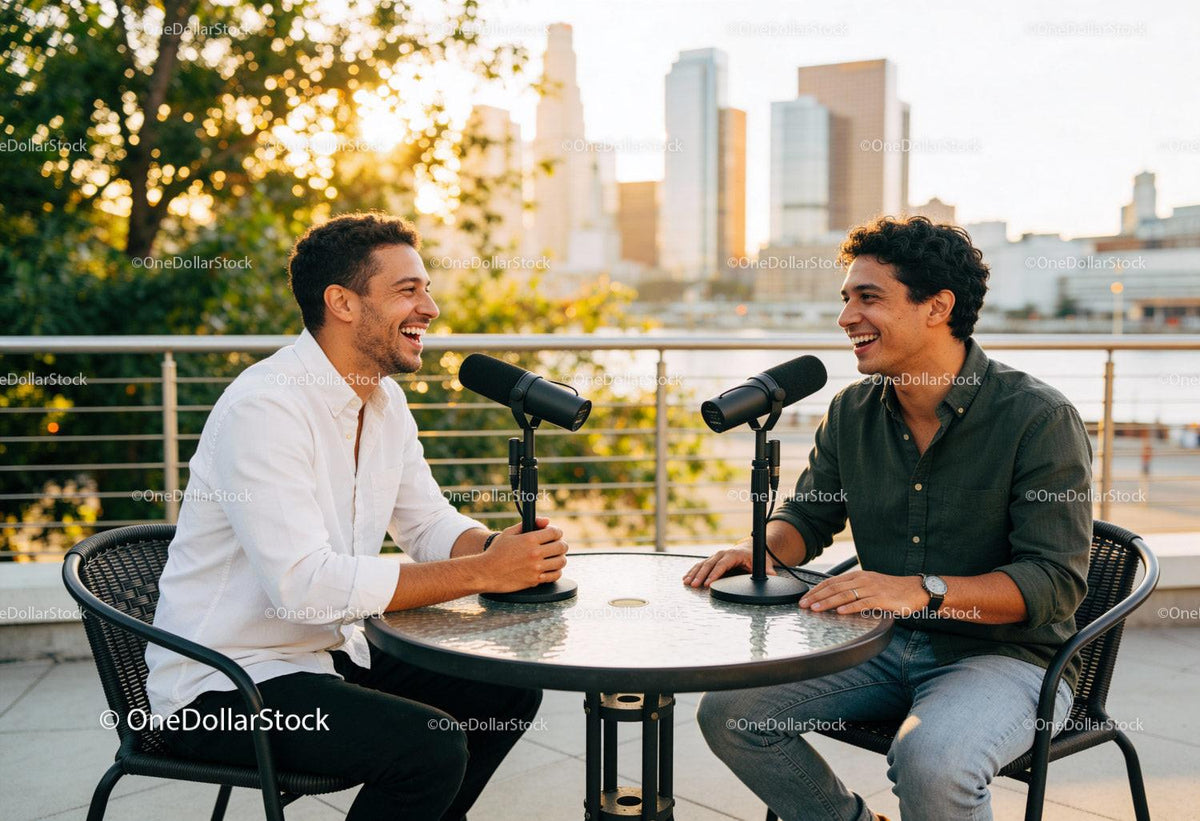 Two Friends Recording a Casual Podcast Outdoors
