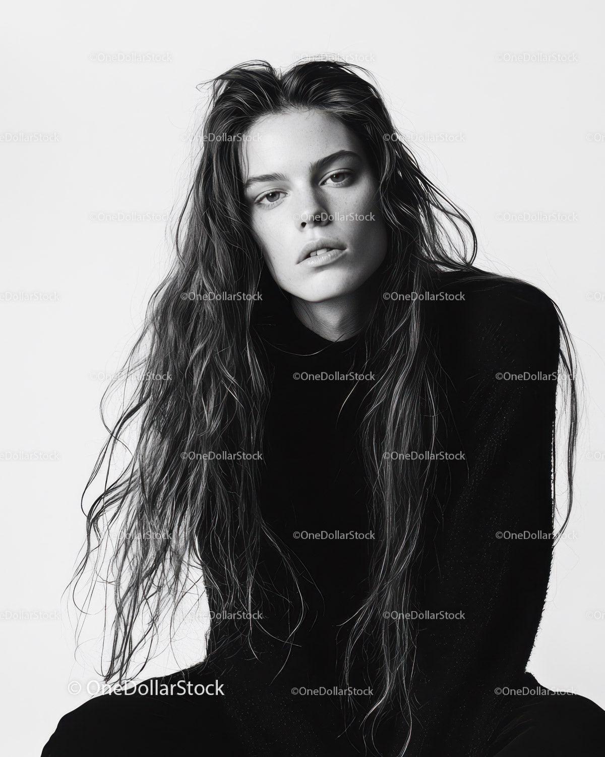 Stylish Black and White Portrait of a Young Woman with Wavy Hair