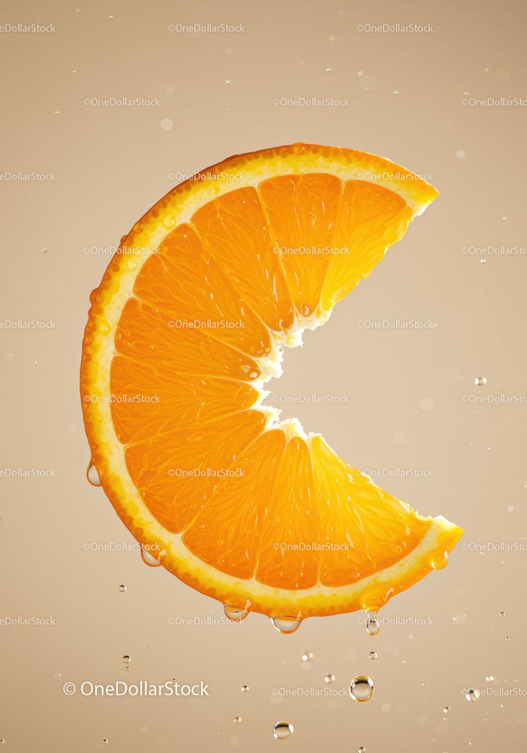 Fresh orange slice with water droplets on beige background