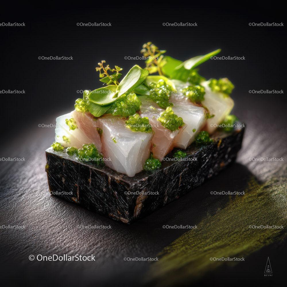 Elegant Sushi Nigiri with Wasabi and Fresh Fish on Black Slate Plate