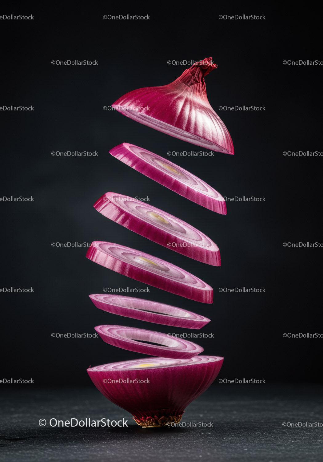 Floating sliced red onion against dark background