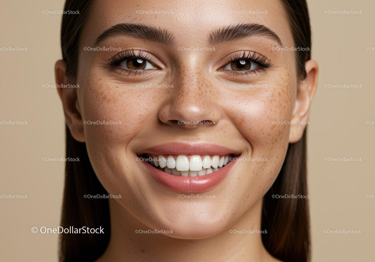 Close-up smiling woman with natural freckles and radiant skin