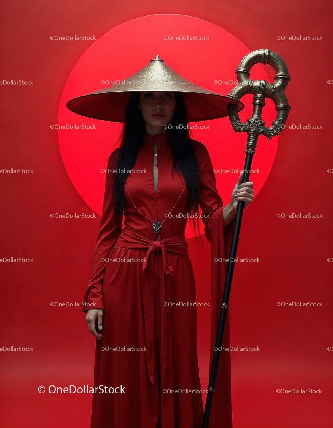 Elegant Woman in Red Dress with Accessories Against Red Background Stock Photo Bundle preview 38