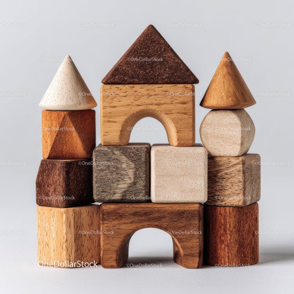 Stacked wooden blocks with triangular tops in various natural wood colors on white background