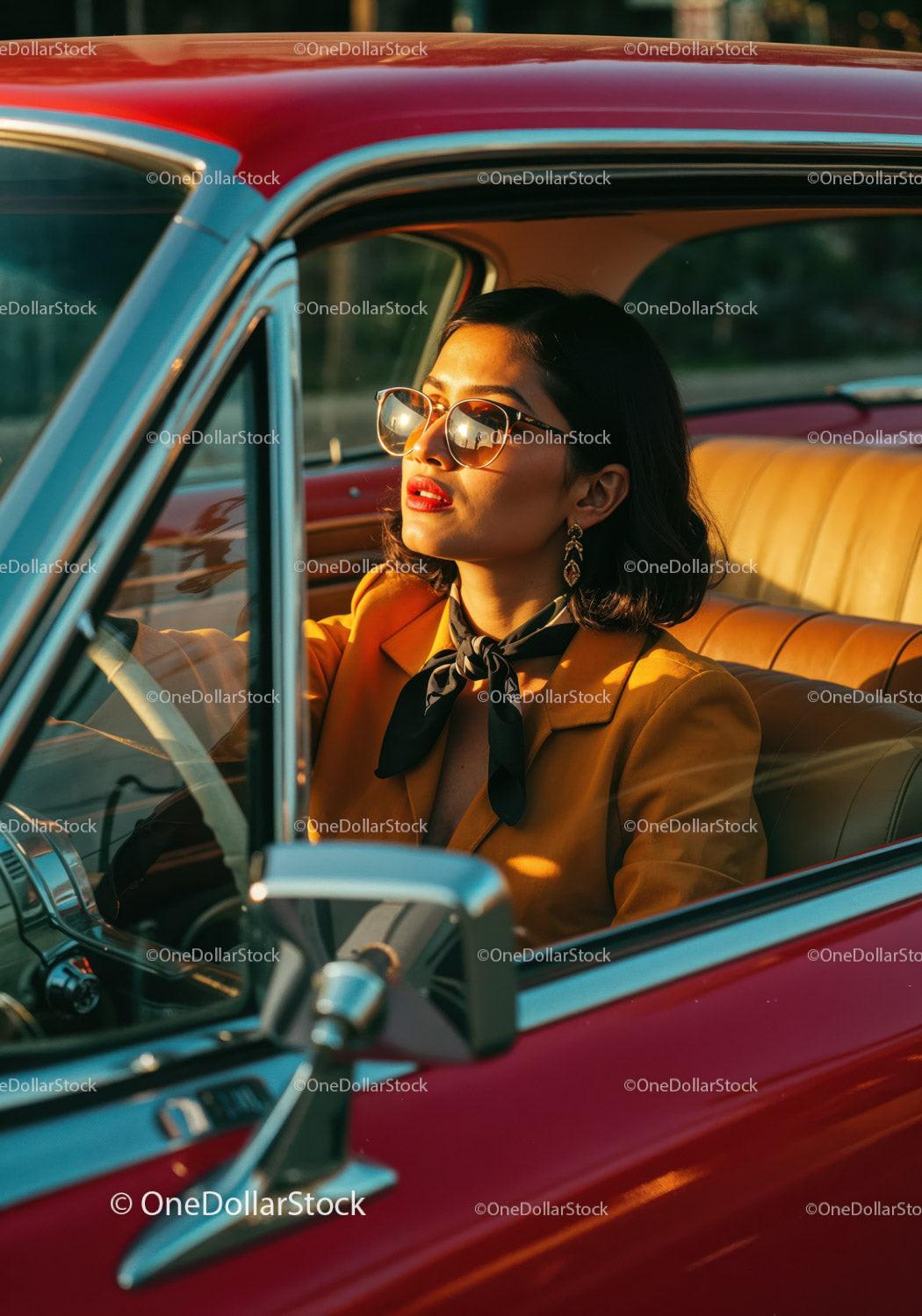 Stylish Woman Driving Vintage Car During Sunset in Yellow Blazer