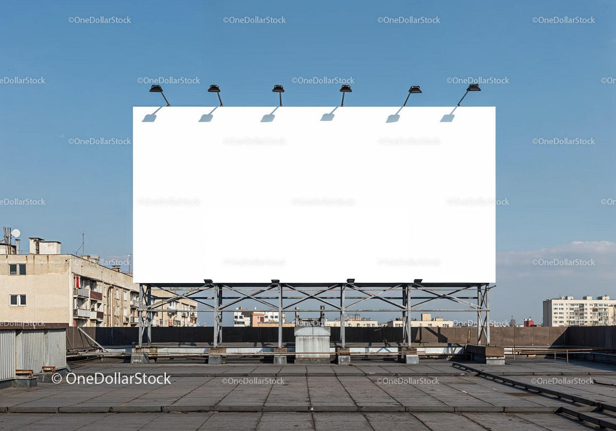 Empty large billboard on urban rooftop at clear sky JPG Mockup Image preview