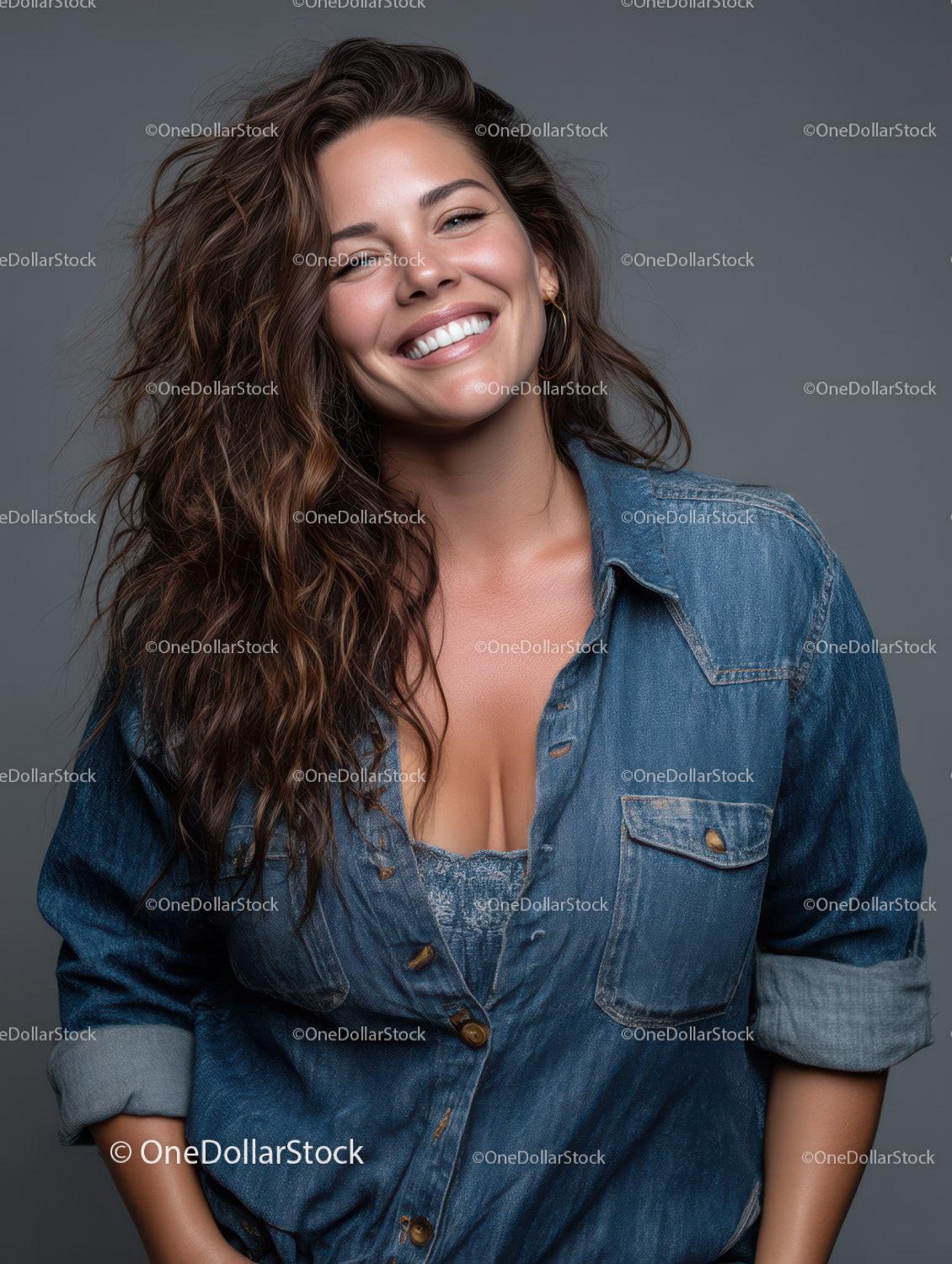 Joyful Woman with Long Wavy Hair in Denim Jacket