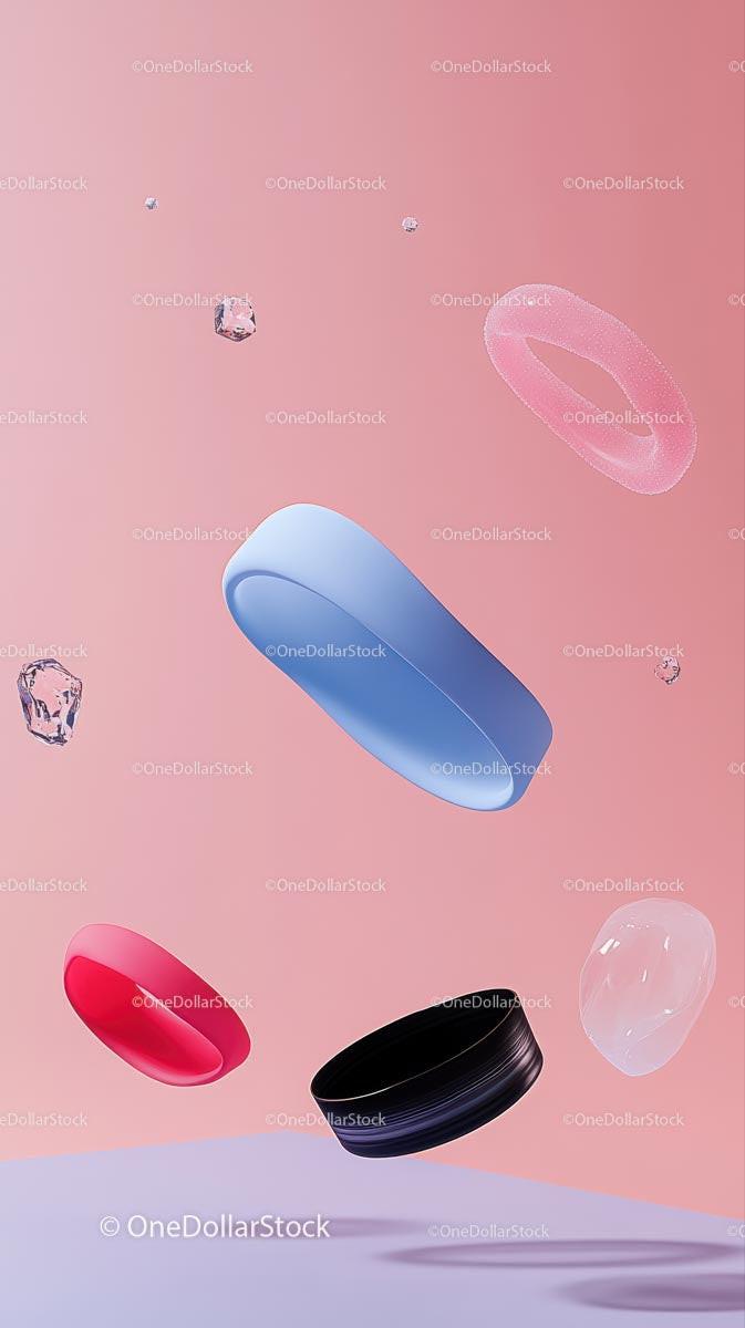 Colorful Makeup Sponges Floating on Pink Background for Beauty Scene